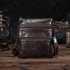 Black Cool Leather 8 inches Small Zipper Messenger Bag Vertical Shoulder Bag Brown Side Bag For Men - imessengerbags