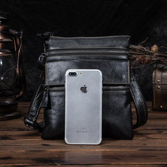 Black Cool Leather 8 inches Small Zipper Messenger Bag Vertical Shoulder Bag Brown Side Bag For Men - imessengerbags