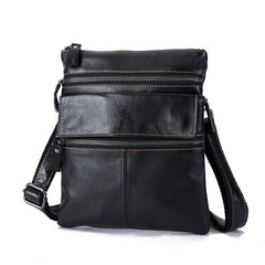 Black Cool Leather 8 inches Small Zipper Messenger Bag Vertical Shoulder Bag Brown Side Bag For Men - imessengerbags