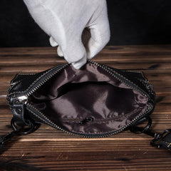 Black Cool Leather 8 inches Small Zipper Messenger Bag Vertical Shoulder Bag Brown Side Bag For Men - imessengerbags