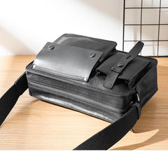 Black Cool Leather Mens 10inches Courier Bag Postman Bag Black Messenger Bags Side Bag for Men - imessengerbags