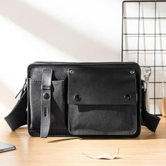 Black Cool Leather Mens 10inches Courier Bag Postman Bag Black Messenger Bags Side Bag for Men - imessengerbags