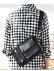 Black Cool Leather Mens 10inches Courier Bag Postman Bag Black Messenger Bags Side Bag for Men - imessengerbags