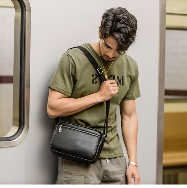 Black Cool Leather Mens Courier bag 10 inches Dark Green Side Bags Messenger Bags for Men - imessengerbags