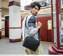 Black Cool Leather Mens 10 inches Side Bag Postman Bag Black Black Messenger Bags Courier Bag for Men - imessengerbags