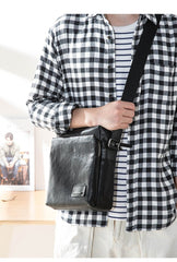 Cool Black Leather Mens 10 inches Vertical Messenger Bags Side Bag Courier Bag for Men