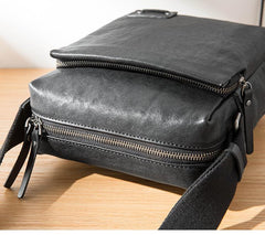 Cool Black Leather Mens 10 inches Vertical Messenger Bags Side Bag Courier Bag for Men