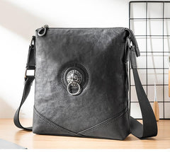 Black Cool Leather Mens 10 inches Vertical Courier Bag Postman Bag Black Cross Messenger Bags Side Bag for Men - imessengerbags