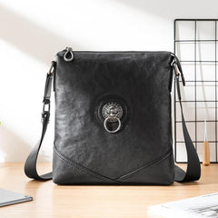 Black Cool Leather Mens 10 inches Vertical Courier Bag Postman Bag Black Cross Messenger Bags Side Bag for Men - imessengerbags