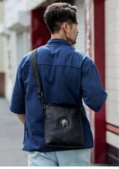 Black Cool Leather Mens 10 inches Vertical Courier Bag Postman Bag Black Cross Messenger Bags Side Bag for Men - imessengerbags