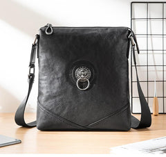 Black Cool Leather Mens 10 inches Vertical Courier Bag Postman Bag Black Cross Messenger Bags Side Bag for Men - imessengerbags