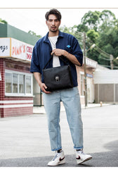 Black Cool Leather Mens 10 inches Vertical Courier Bag Postman Bag Black Cross Messenger Bags Side Bag for Men - imessengerbags