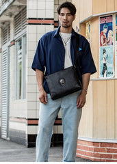 Black Cool Leather Mens 10 inches Vertical Courier Bag Postman Bag Black Cross Messenger Bags Side Bag for Men - imessengerbags