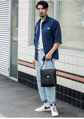 Black Cool Leather Mens 10 inches Vertical Courier Bag Postman Bag Black Cross Messenger Bags Side Bag for Men - imessengerbags