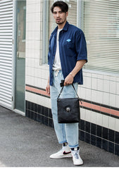 Black Cool Leather Mens 10 inches Vertical Courier Bag Postman Bag Black Cross Messenger Bags Side Bag for Men