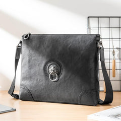 Black Cool Leather Mens 10 inches Vertical Courier Bag Postman Bag Black Cross Messenger Bags Side Bag for Men - imessengerbags
