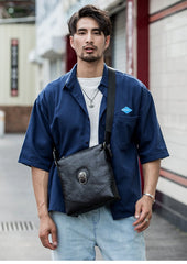 Black Cool Leather Mens 10 inches Vertical Courier Bag Postman Bag Black Cross Messenger Bags Side Bag for Men - imessengerbags