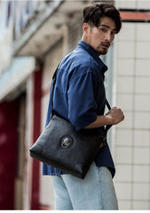 Black Cool Leather Mens 10 inches Vertical Courier Bag Postman Bag Black Cross Messenger Bags Side Bag for Men - imessengerbags