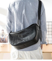 Black Cool Leather Mens 12 inches Side Bag Messenger Bags Casual Bicycle Bags for Men - imessengerbags