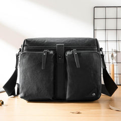 Black Cool Leather Mens 13 inches Side Bag Messenger Bags Black Courier Bags Postman Bag for Men - imessengerbags