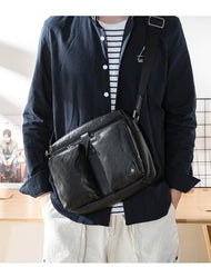 Black Cool Leather Mens 13 inches Side Bag Messenger Bags Black Courier Bags Postman Bag for Men - imessengerbags