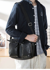 Black Cool Leather Mens 13 inches Side Bag Messenger Bags Black Courier Bags Postman Bag for Men - imessengerbags