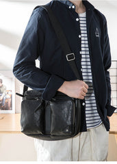 Black Cool Leather Mens 13 inches Side Bag Messenger Bags Black Courier Bags Postman Bag for Men