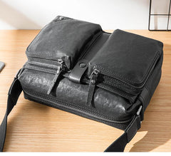 Black Cool Leather Mens 13 inches Side Bag Messenger Bags Black Courier Bags Postman Bag for Men - imessengerbags
