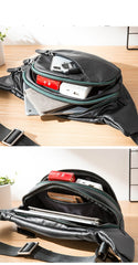 Cool Black Leather Mens Chest Bag Waist Bag Sling Bags Black Fanny Pack for Men