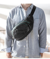 Cool Black Leather Mens Chest Bag Waist Bag Sling Bags Black Fanny Pack for Men