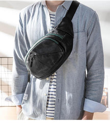 Cool Black Leather Mens Chest Bag Waist Bag Sling Bags Black Fanny Pack for Men