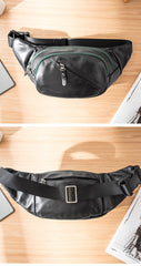 Cool Black Leather Mens Chest Bag Waist Bag Sling Bags Black Fanny Pack for Men