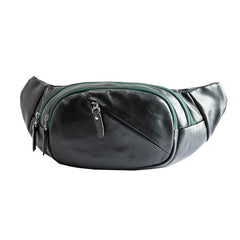 Cool Black Leather Mens Chest Bag Waist Bag Sling Bags Black Fanny Pack for Men