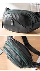 Cool Black Leather Mens Chest Bag Waist Bag Sling Bags Black Fanny Pack for Men