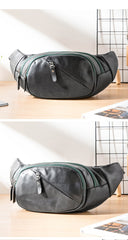 Cool Black Leather Mens Chest Bag Waist Bag Sling Bags Black Fanny Pack for Men