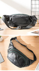 Cool Black Leather Mens Chest Bag Waist Bag Sling Bags Black Fanny Pack for Men