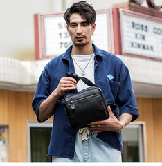 Black Cool Leather Mens Side Bag Postman Bag Small Black Messenger Bags Courier Bag for Men - imessengerbags
