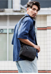 Black Cool Leather Mens Side Bag Postman Bag Small Black Messenger Bags Courier Bag for Men
