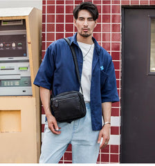 Black Cool Leather Mens Side Bag Postman Bag Small Black Messenger Bags Courier Bag for Men - imessengerbags