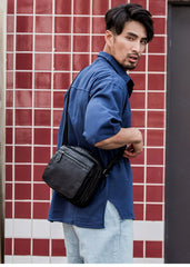 Black Cool Leather Mens Side Bag Postman Bag Small Black Messenger Bags Courier Bag for Men - imessengerbags