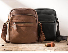 Black Cool Leather Mens 8 inches Vertical Side Bag Messenger Bags Brown Casual Bicycle Bags for Men - imessengerbags