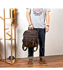 Coffee Cool Leather Mens School Backpack College Backpack 14'' Computer Backpack For Men - imessengerbags