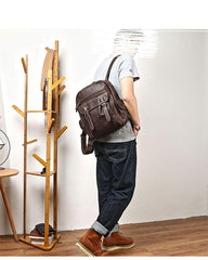 Coffee Cool Leather Mens School Backpack College Backpack 14'' Computer Backpack For Men - imessengerbags