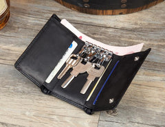 Black Cool Leather Mens Card Holder Trifold Key Wallet Key Holder For Men - imessengerbags