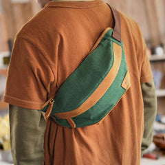 Cool Canvas Leather Mens Chest Bag Green Waist Bag Fanny Pack Hip Bag Bum Pack For Men