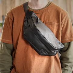 Black Cool Leather Mens Chest Bag Waist Bag Fanny Pack Hip Bag Bum Pack For Men