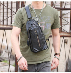 Black Cool Leather Mens Sling Bag Chest Bag Black One Shoulder Backpack For Men - imessengerbags