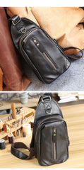 Black Cool Leather Mens Sling Bag Chest Bag Black One Shoulder Backpack For Men