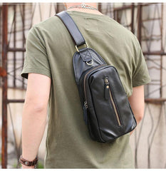 Black Cool Leather Mens Sling Bag Chest Bag Black One Shoulder Backpack For Men - imessengerbags