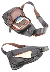 Black Cool Leather Mens Sling Bag Chest Bag Black One Shoulder Backpack For Men - imessengerbags